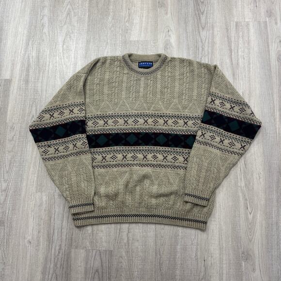 Vintage Jantzen Sweater Men's Large Tan Crewneck Geometric Fair Isle 90s Cabin - Picture 1 of 6